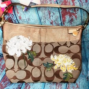 Coach Signature Floral Applique Limited Edition Khaki Gold Canvas Shoulder Bag